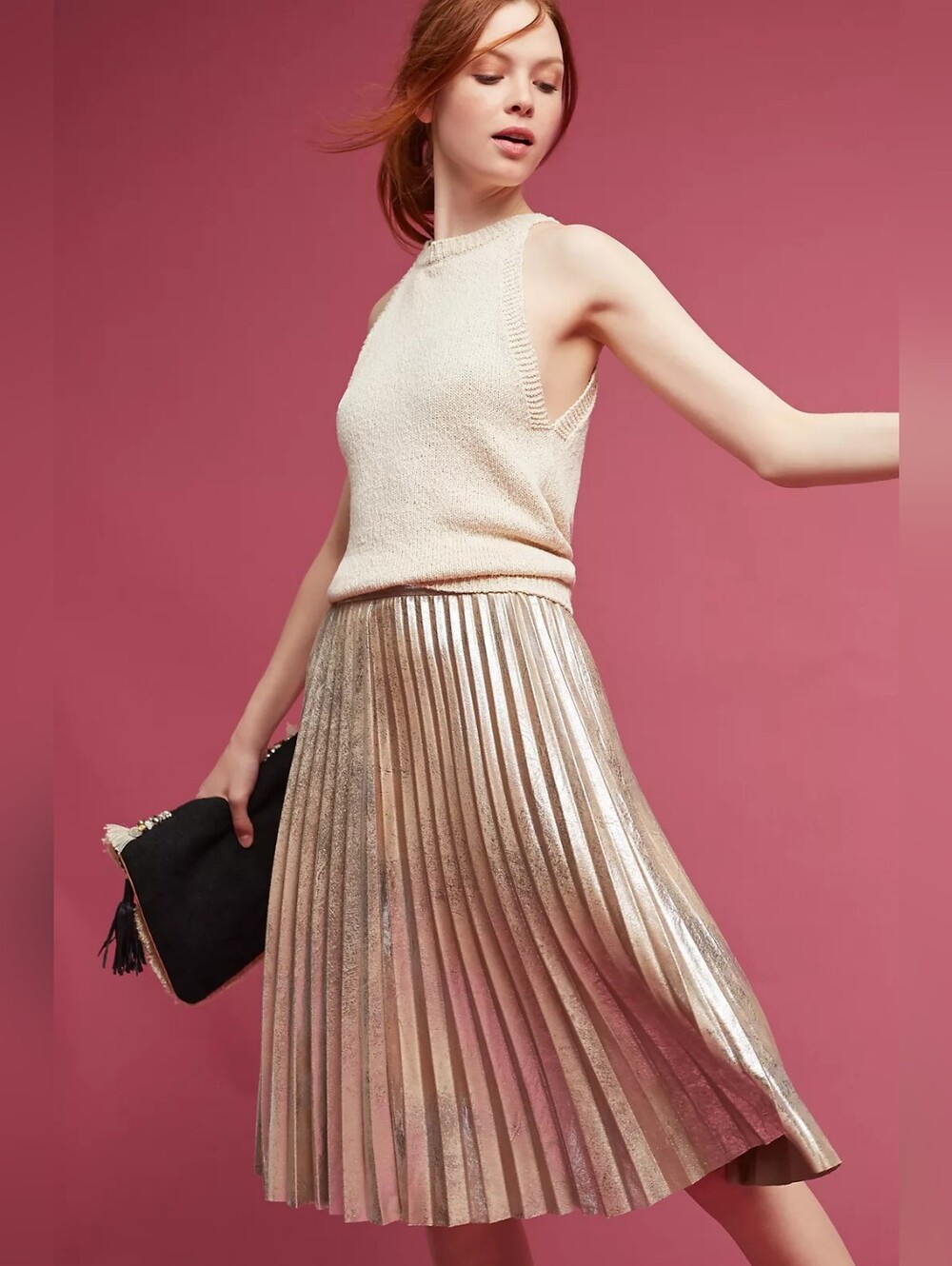 Anthropologie Maeve Metallic Pleated Midi Skirt - Champagne Gold Size Large EUC - Picture 3 of 10